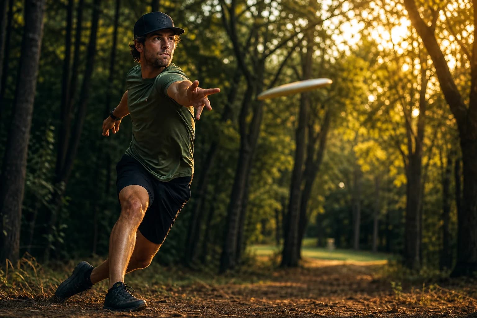 Disc golfer mid-throw on a wooded fairway at golden hour