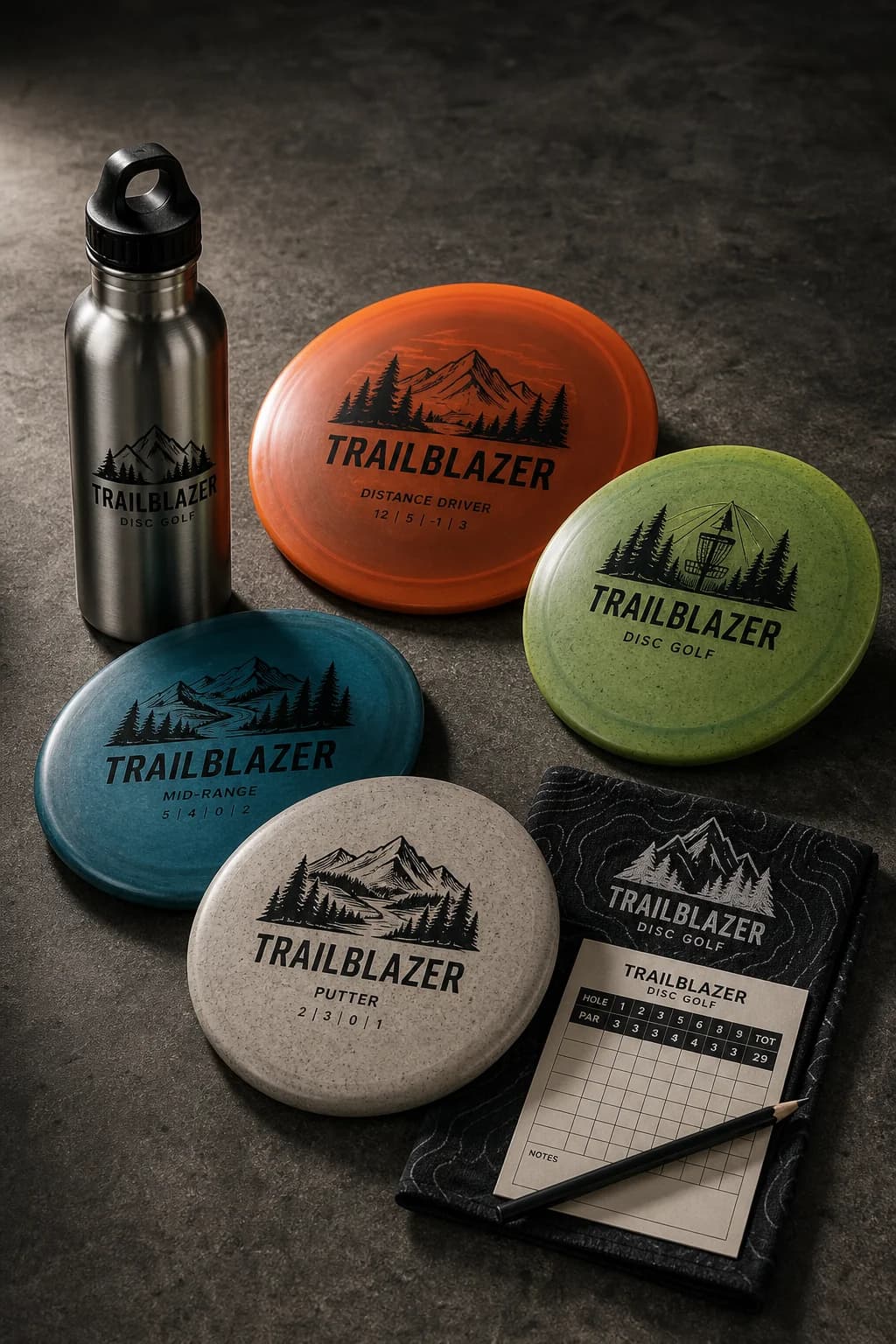 Kontrax disc golf discs and gear laid out on concrete